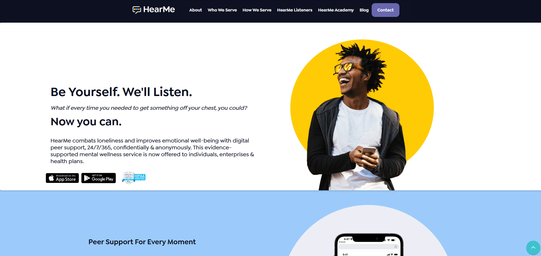 HearMe online emotional support platform connecting users with trained listeners for confidential, one-on-one conversations. The interface highlights a safe space to share feelings, reduce stress, and receive compassionate support.