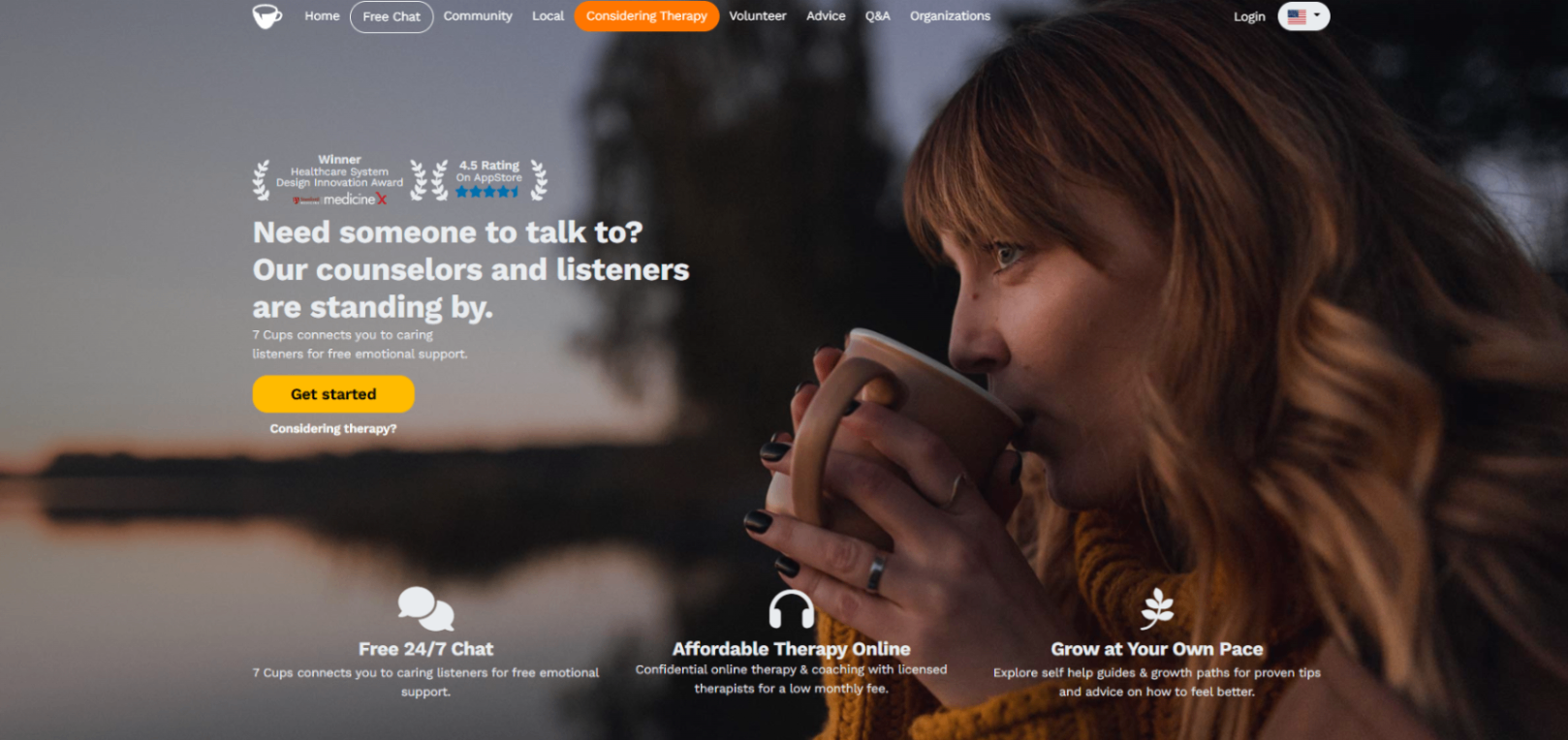 7 Cups online emotional support platform offering anonymous chats with trained listeners, peer support communities, and mental wellness resources for people seeking emotional guidance and a safe space to talk.