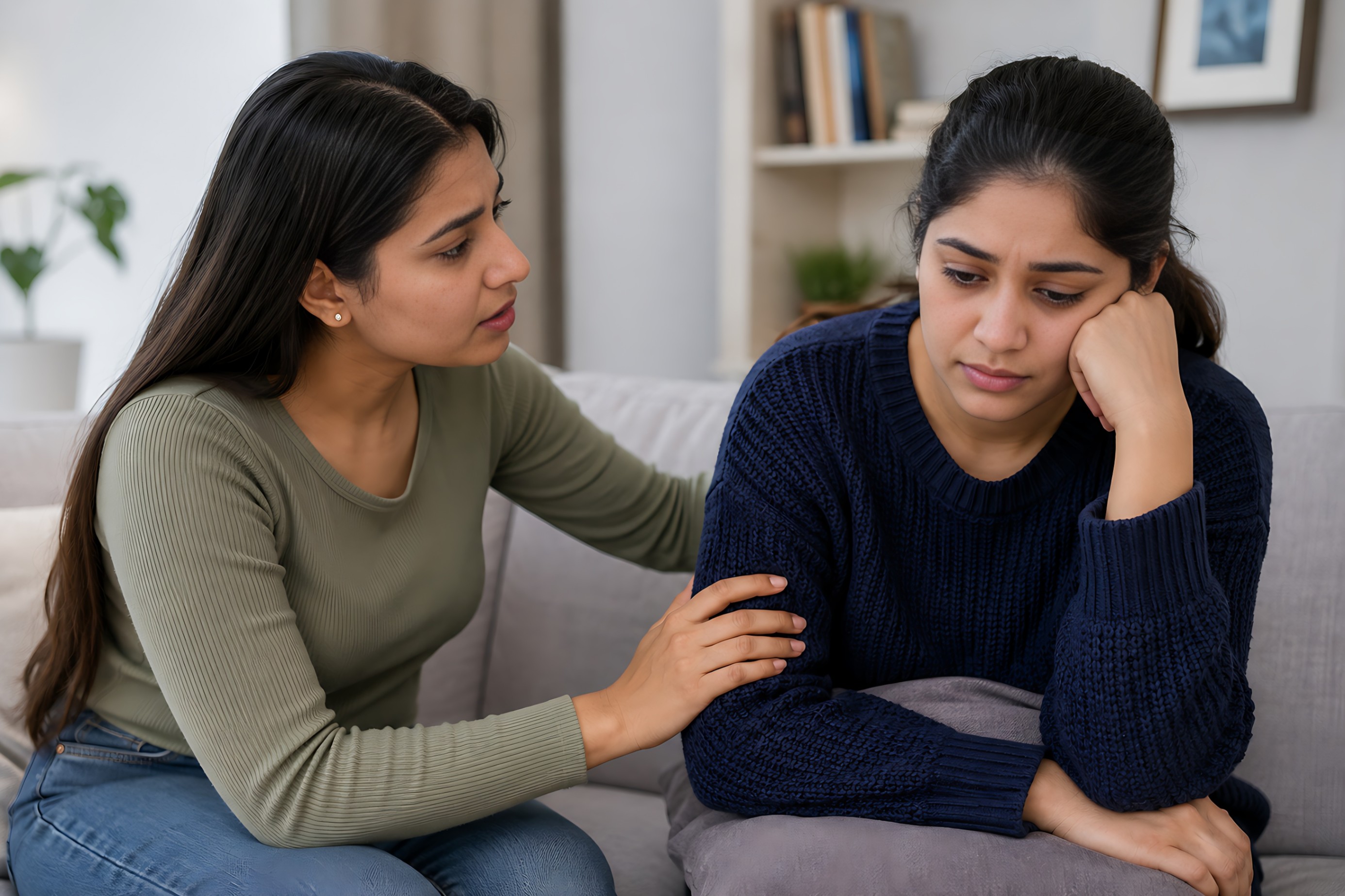 Friend comforting a woman experiencing depression and anxiety.