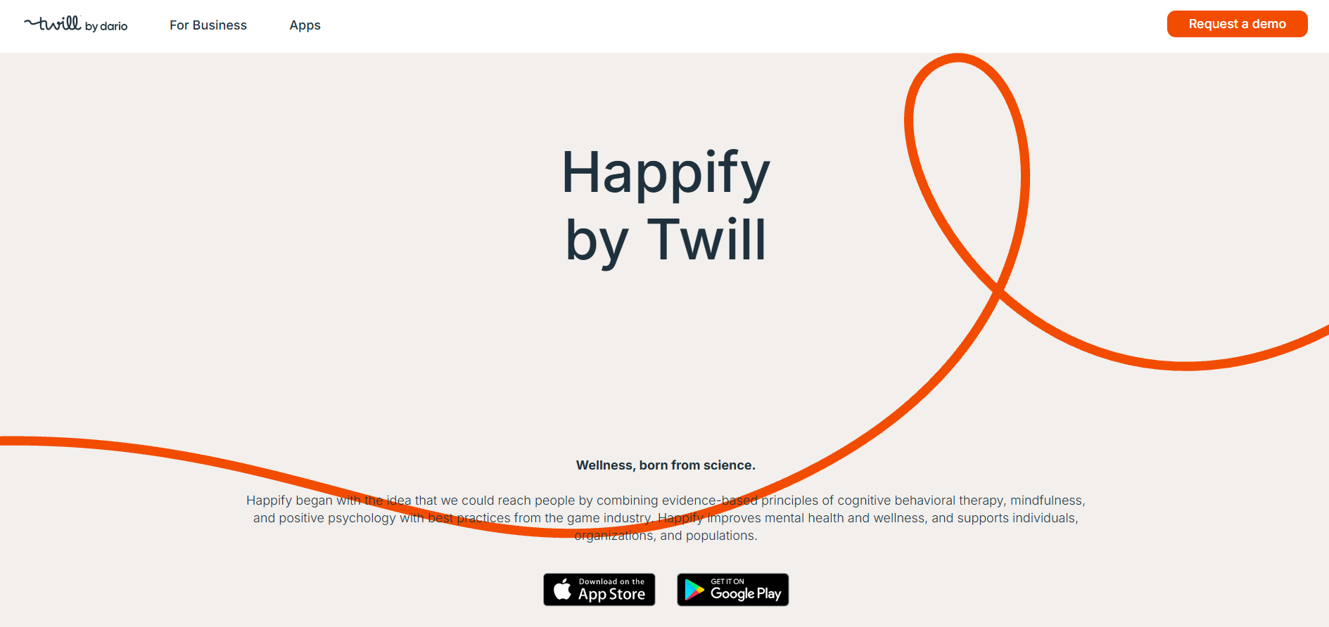 Happify by Twill homepage highlighting science-based activities, interactive wellbeing programs, and positive habit-building tools.