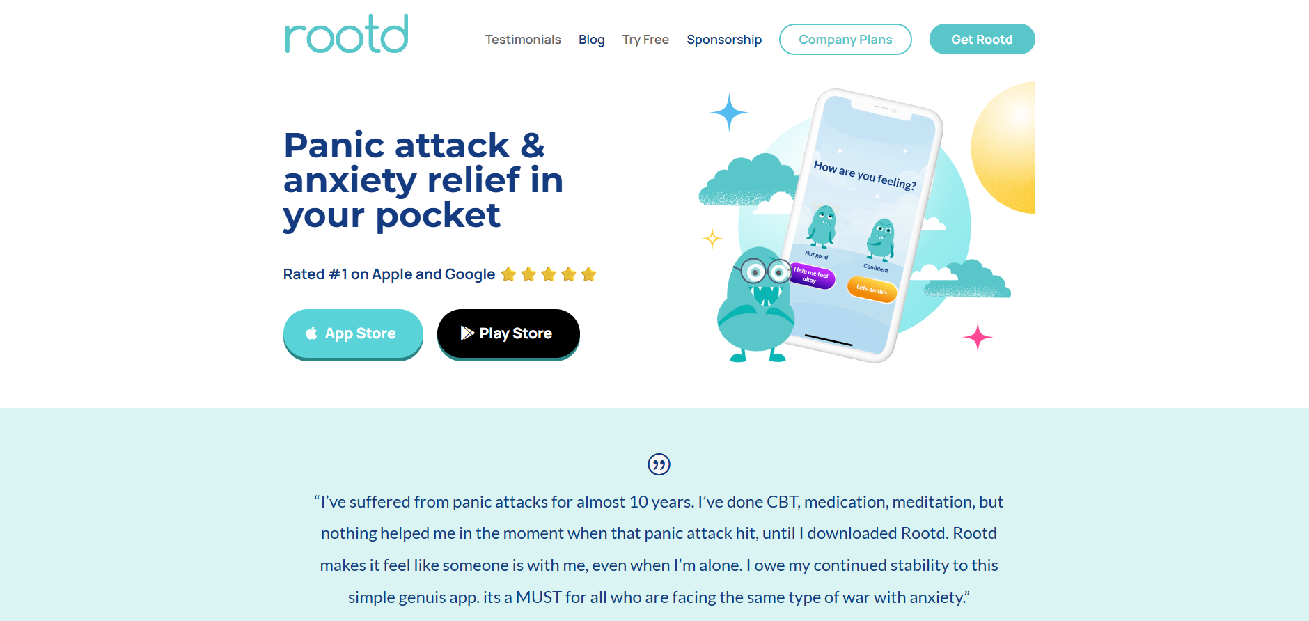 Rootd homepage featuring panic attack support tools, guided coping exercises, and a mobile app interface designed for in-the-moment stress management.
