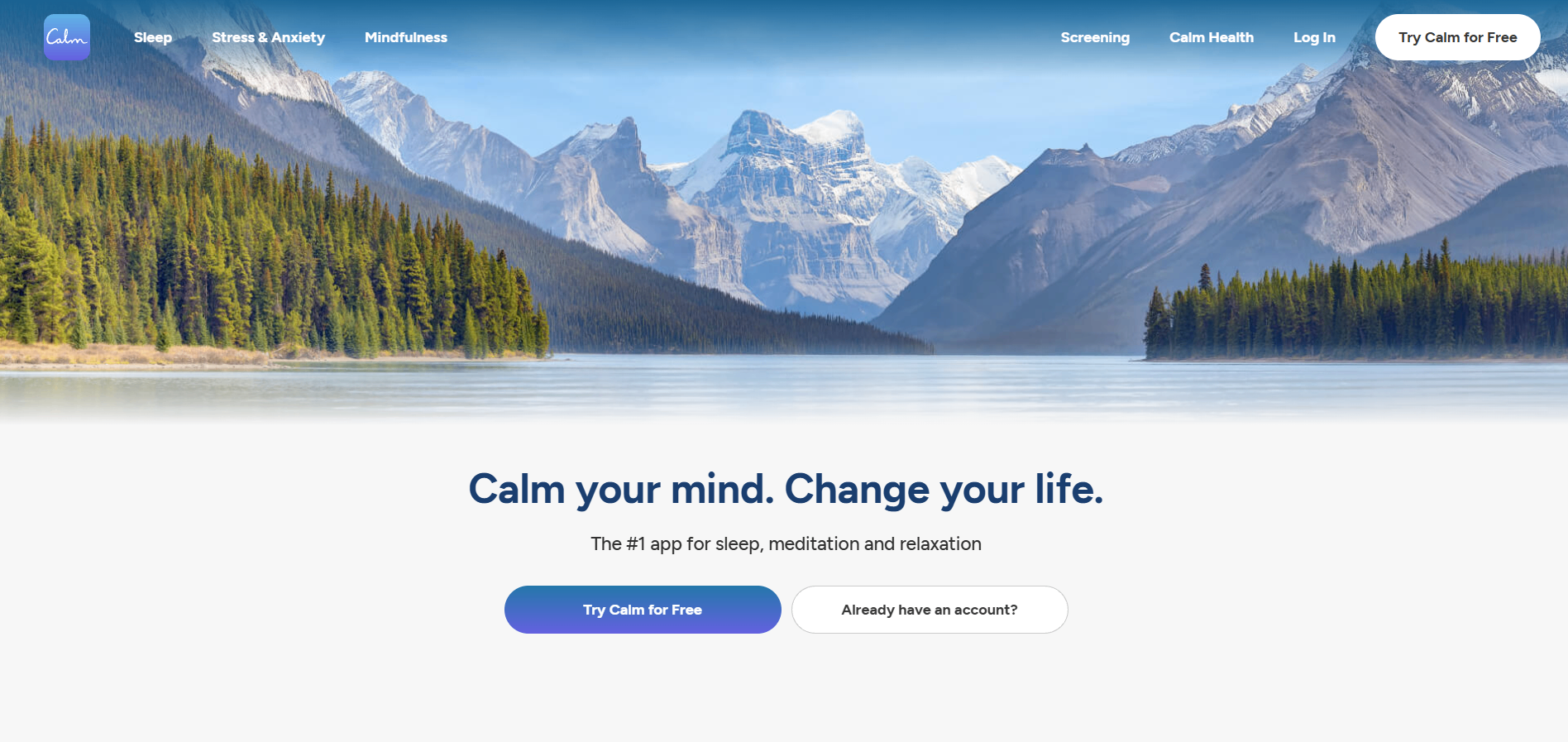 Calm homepage featuring meditation, sleep, relaxation, and mindfulness content with a scenic mountain lake background.