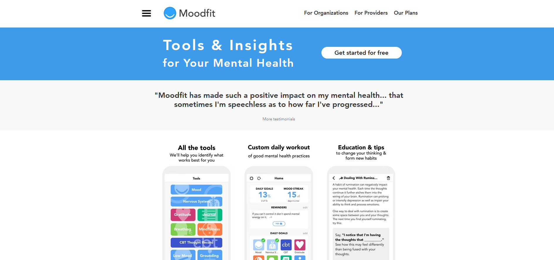 Moodfit homepage showcasing mood tracking, habit-building tools, journaling features, wellness insights, and personalised daily activities.