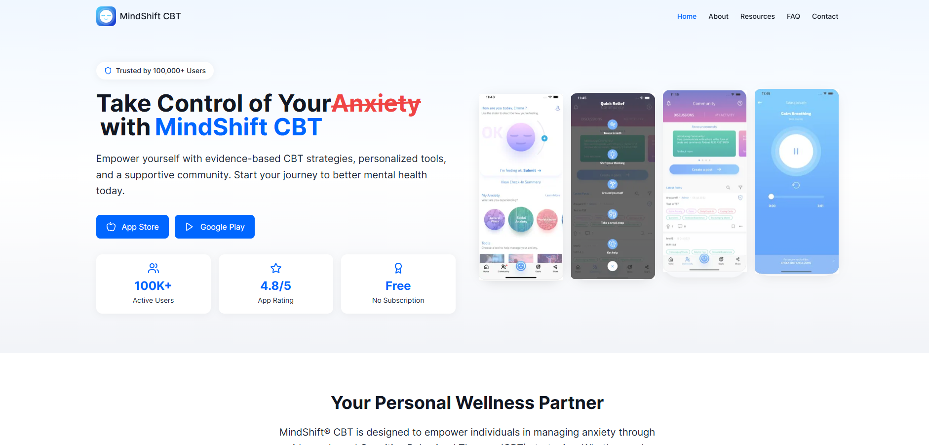 MindShift CBT homepage displaying CBT-based self-help tools, breathing exercises, mood tracking features, and mobile app screens for managing everyday worries.