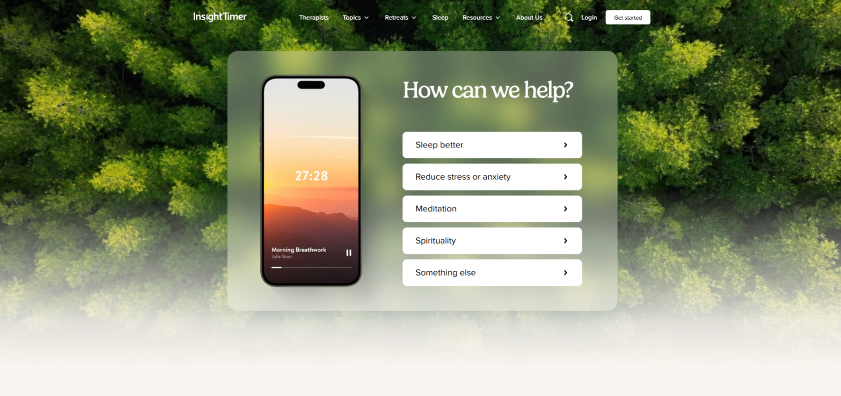 Insight Timer homepage featuring guided meditation, sleep support, stress management resources, and mindfulness content with a mobile app interface.