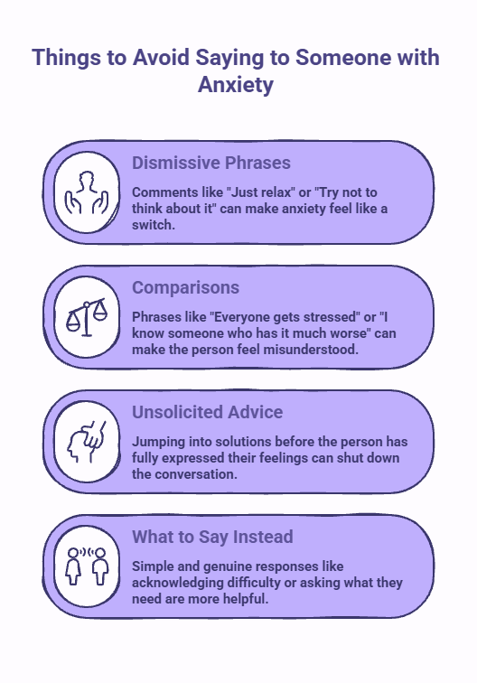 Two people having a supportive conversation, illustrating phrases to avoid when talking to someone with anxiety and the importance of responding with empathy instead of judgment or dismissive comments.