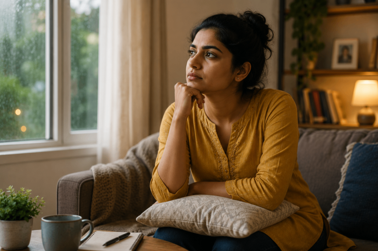 Woman sitting on a sofa in a cosy living room, looking out of the window and thinking something.