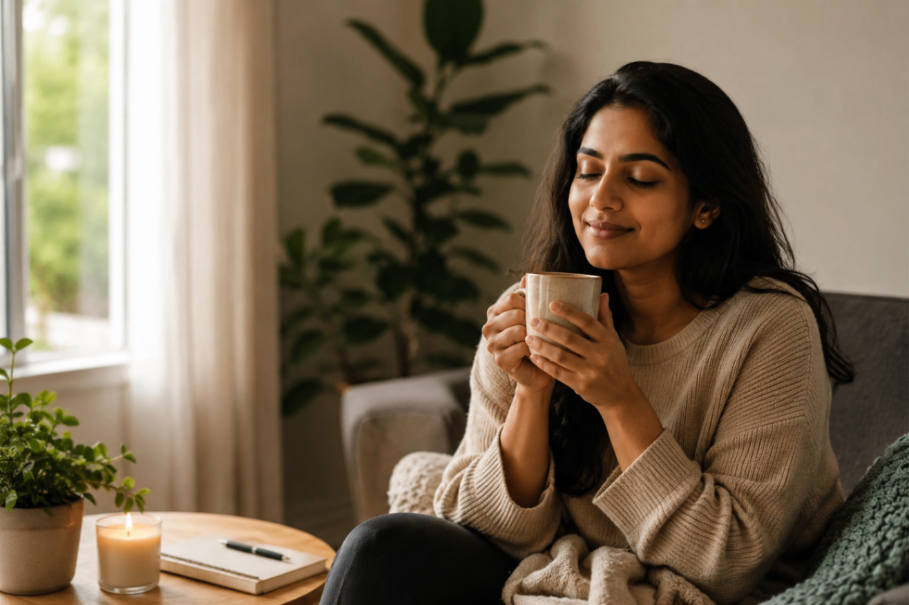 A woman relaxing at home with a warm drink, practising self care in a calm and comfortable living space.