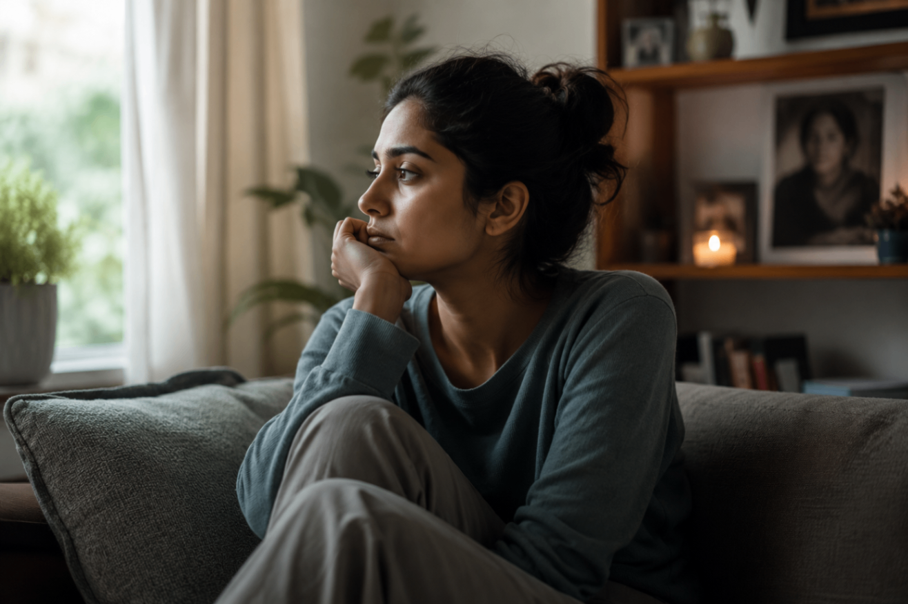 Woman sitting thoughtfully by a window while grieving.