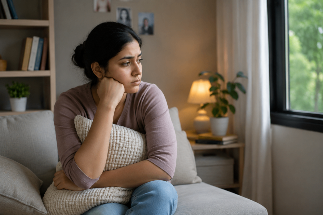 woman sitting alone at home, reflecting while seeking emotional support.