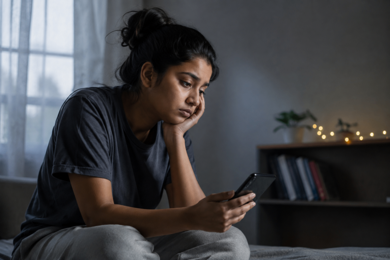 A woman sitting alone on a bed and looking at her phone while feeling low.