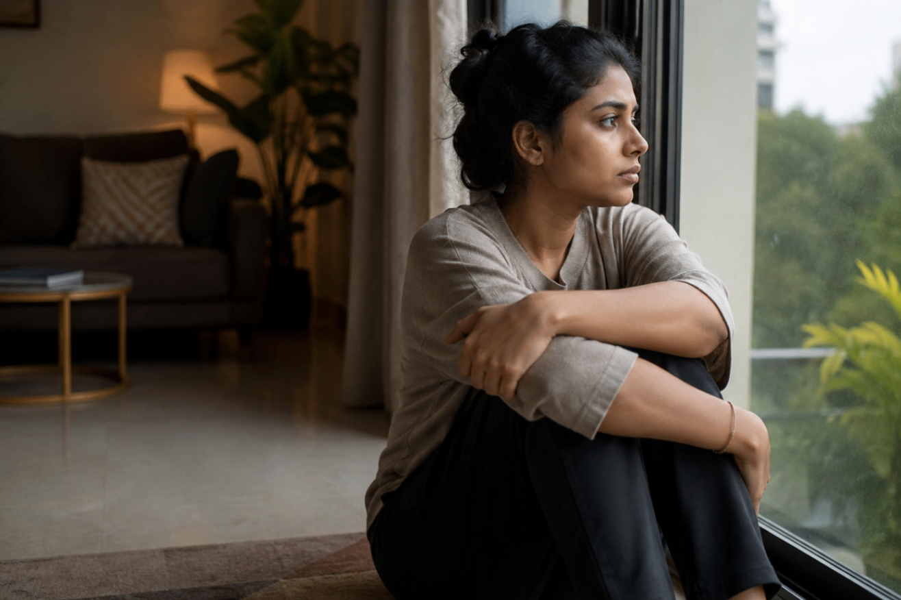 A woman sitting alone by a window, reflecting while feeling lonely at home. 