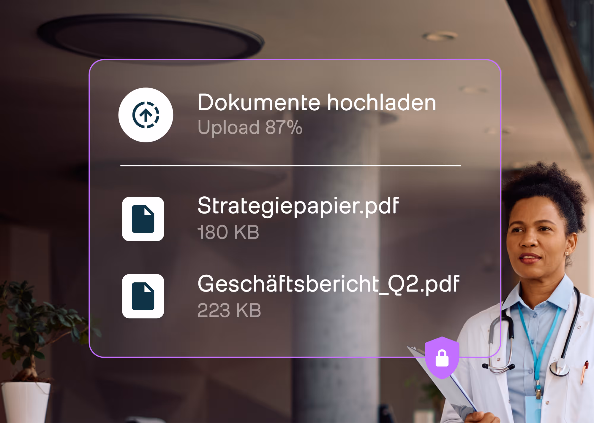 Symbol für das Hochladen von Dokumenten und zwei PDF-Dateien.