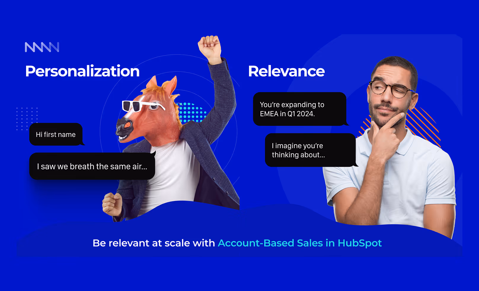 Split image with a person wearing a horse mask and suit labeled Personalization, and a thoughtful man in glasses labeled Relevance, featuring text bubbles about personalized and relevant sales messages, and a tagline about Account-Based Sales in HubSpot.