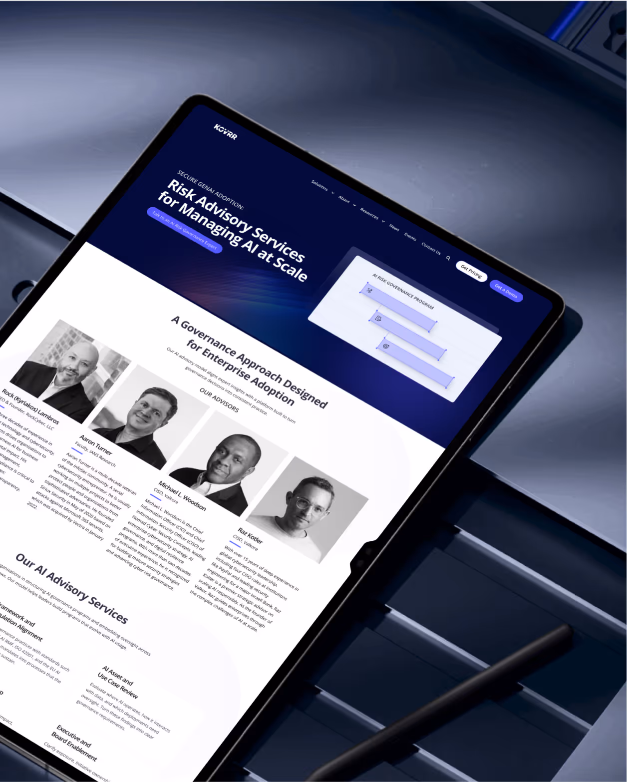 Tablet displaying a webpage about Risk Advisory Services for managing AI at scale, featuring advisor photos and descriptions.