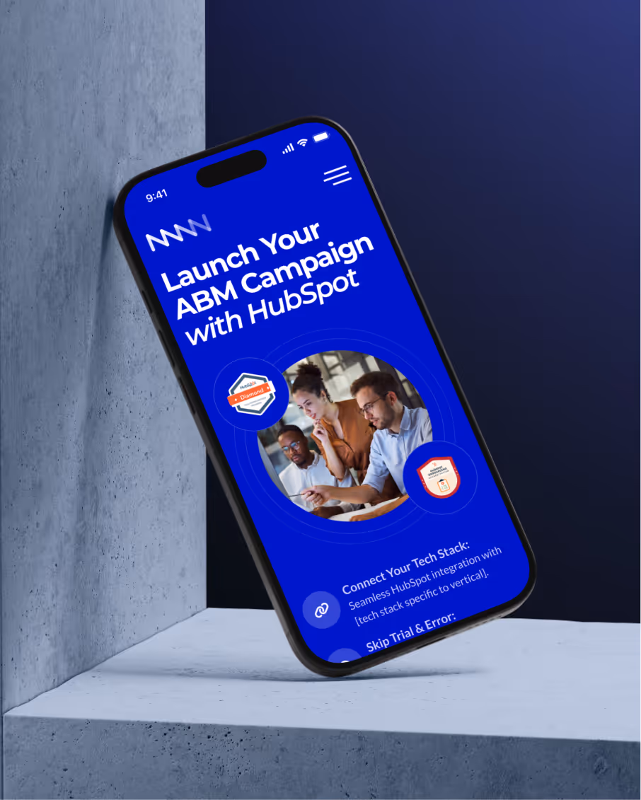Smartphone displaying a blue screen with the text 'Launch Your ABM Campaign with HubSpot' and an image of three people collaborating.