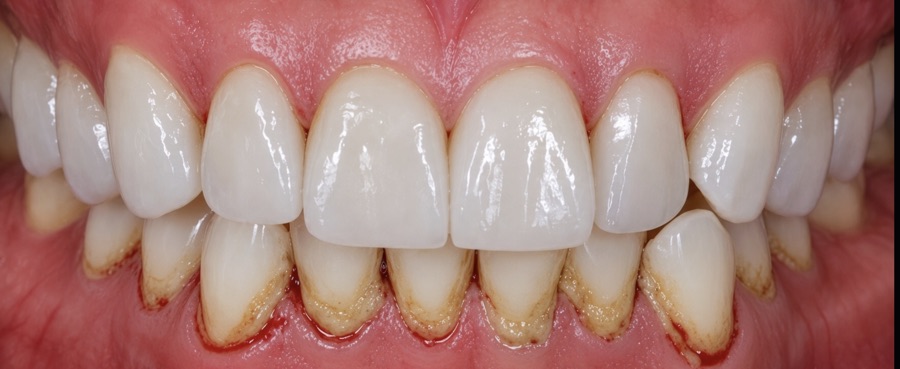 Gingivitis: gum margins are red and swollen with hardened build-up along the lower teeth and bleeding at the gumline.