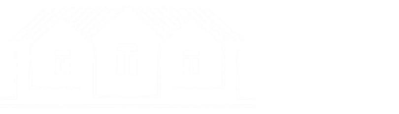 White outline of three adjacent houses with windows and slanted roofs on a black background.