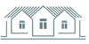 Three connected gray houses with windows and gabled roofs in a row.