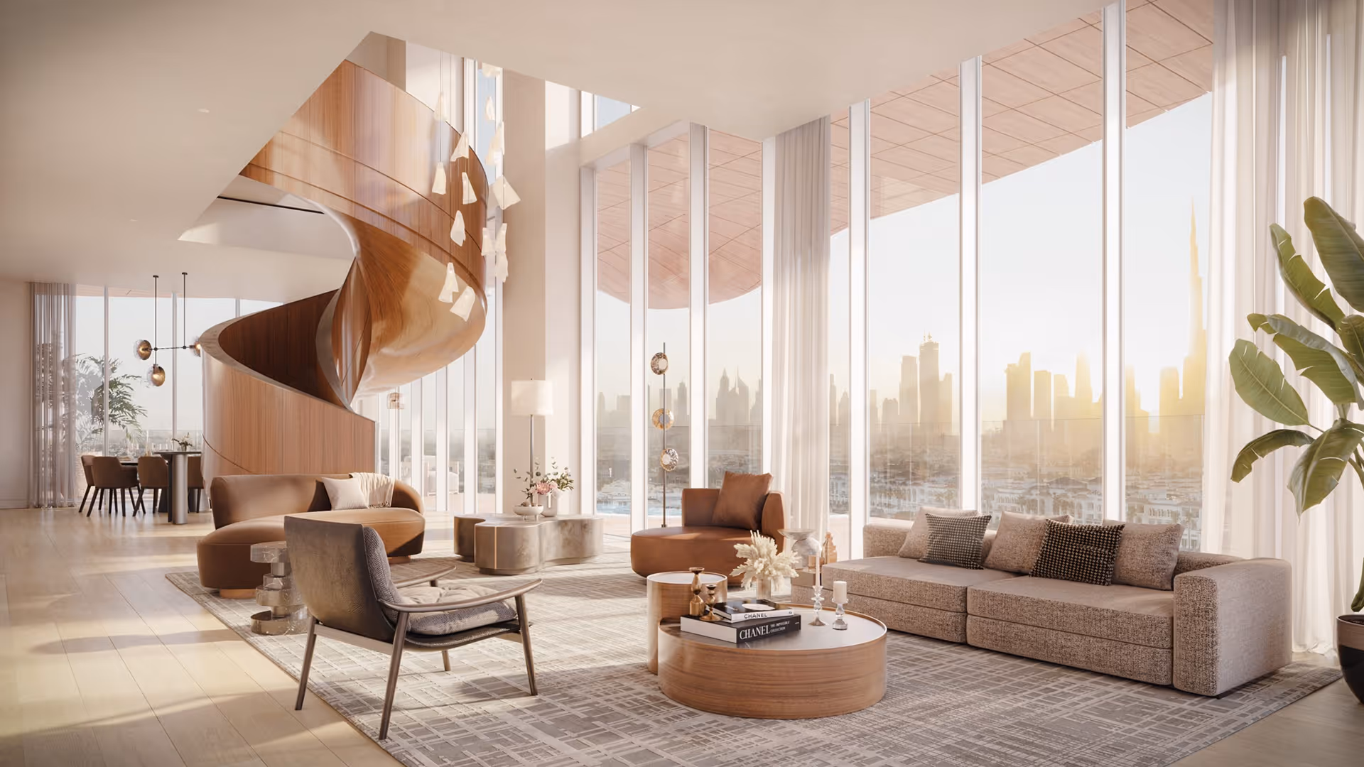 Modern living room with large windows, spiral wood staircase, neutral sofas, and city skyline view
, Mr. C Miami – Coconut Grove, luxury hotel.
