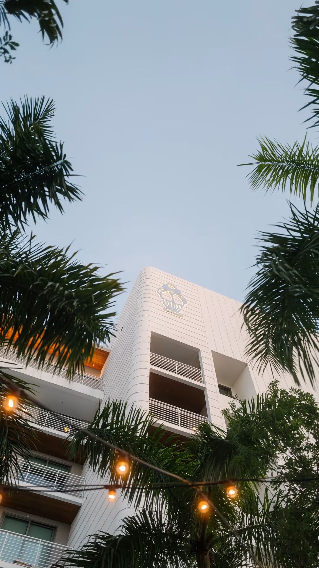 Edificio moderno bianco con balconi incorniciati da palme e luci a corda sospese al crepuscolo.