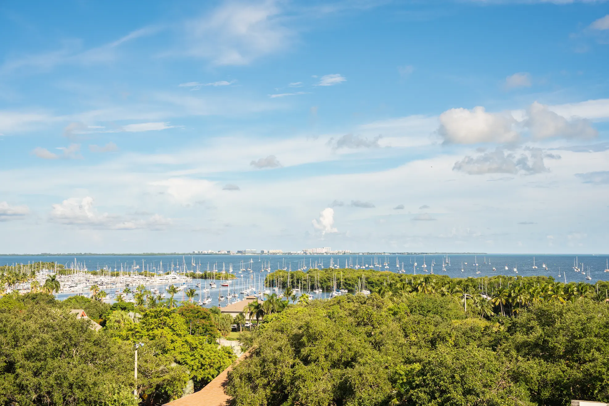 Una marina piena di barche a vela dietro lussureggianti alberi verdi sotto un cielo blu parzialmente nuvoloso.