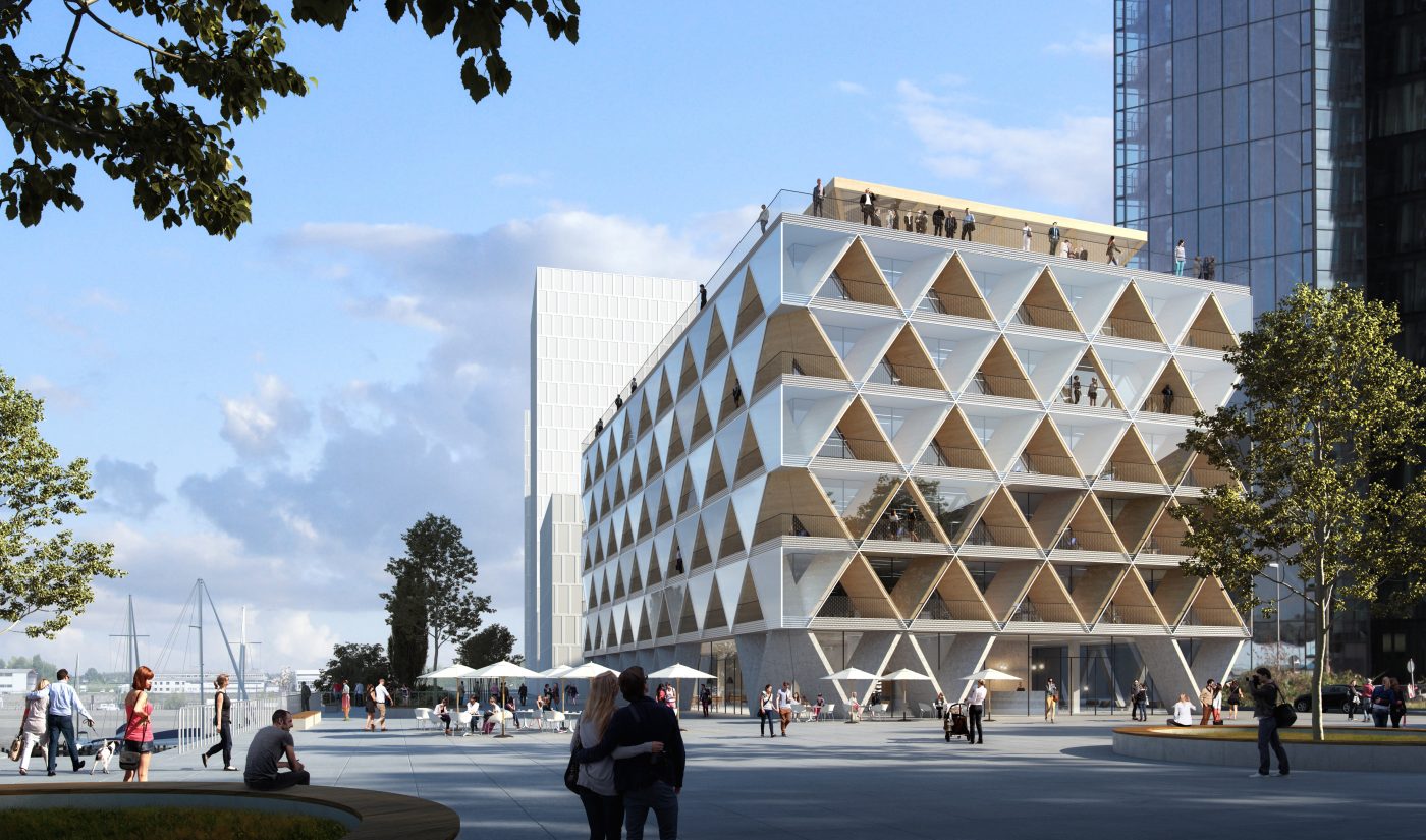 Architektur-Rendering von The Cradle im Medienhafen: Holz-Hybridbau mit rautenförmiger Fassade und begehbarer Dachterrasse