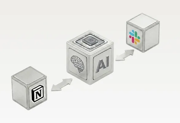 Three metallic cubes with arrows: Notion logo to AI cube with brain, then to Slack logo cube.
