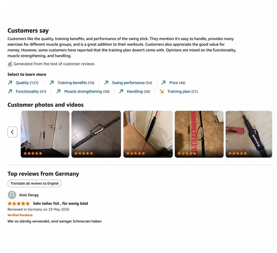 Customer review summary with ratings, photos of a swing stick exercise tool, and a top review in German.