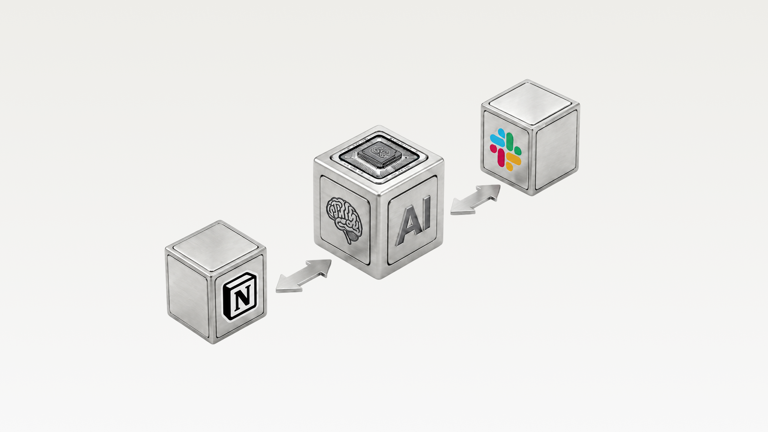 Metal cubes connected by arrows featuring AI, brain, and app logos on a white background.