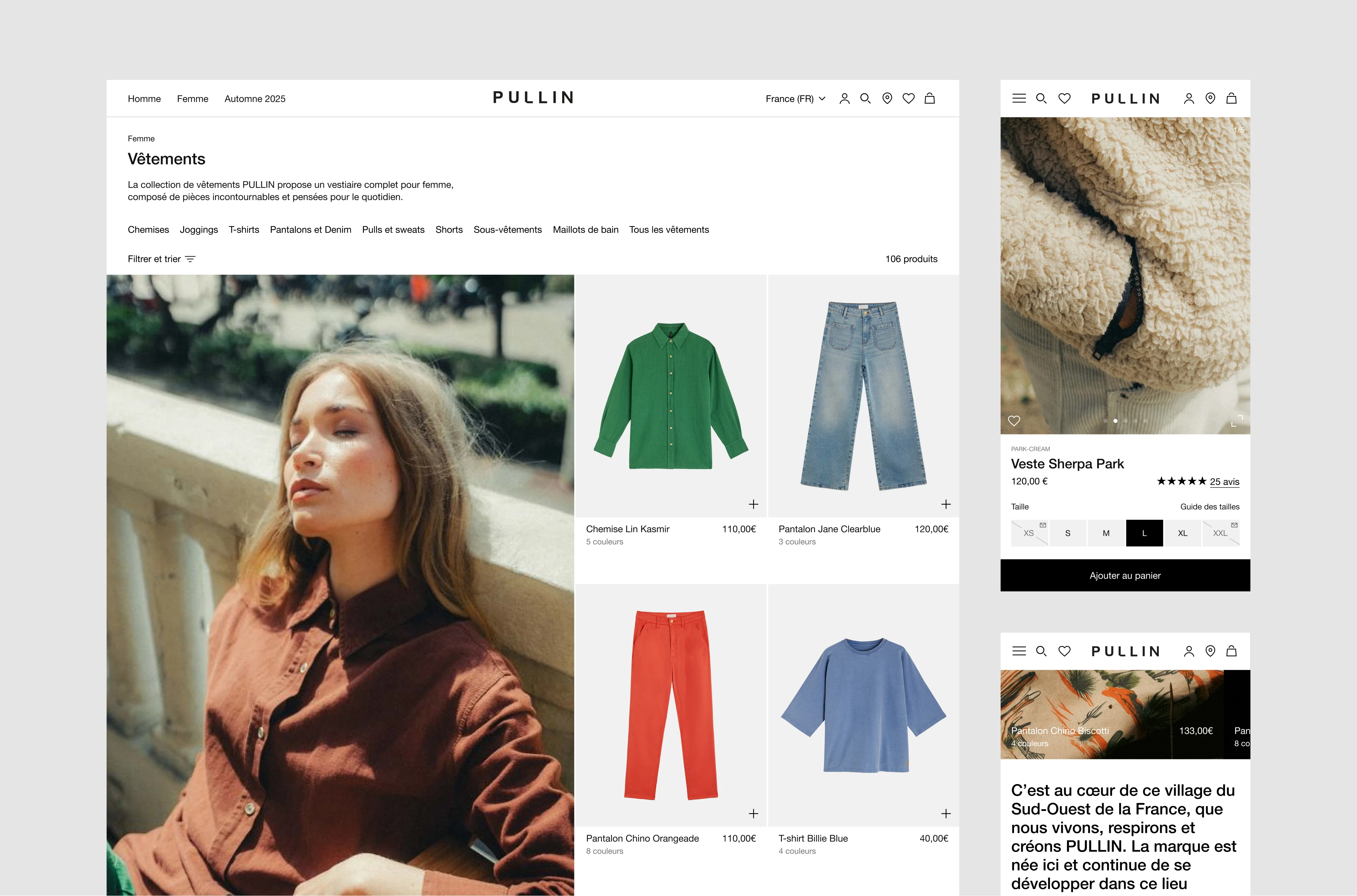 UI design of a listing page and editorial content of Pullin website