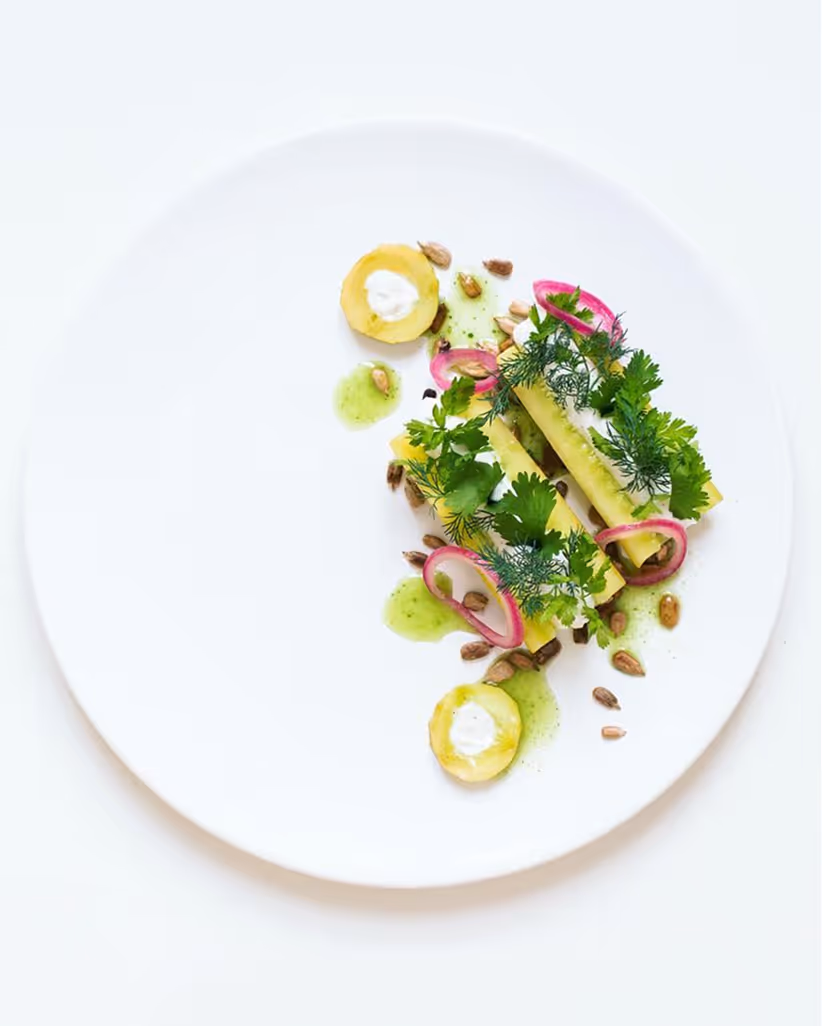 Gourmet dish with rolled yellow vegetables, green herbs, pink onion rings, seeds, and creamy dollops on white plate.