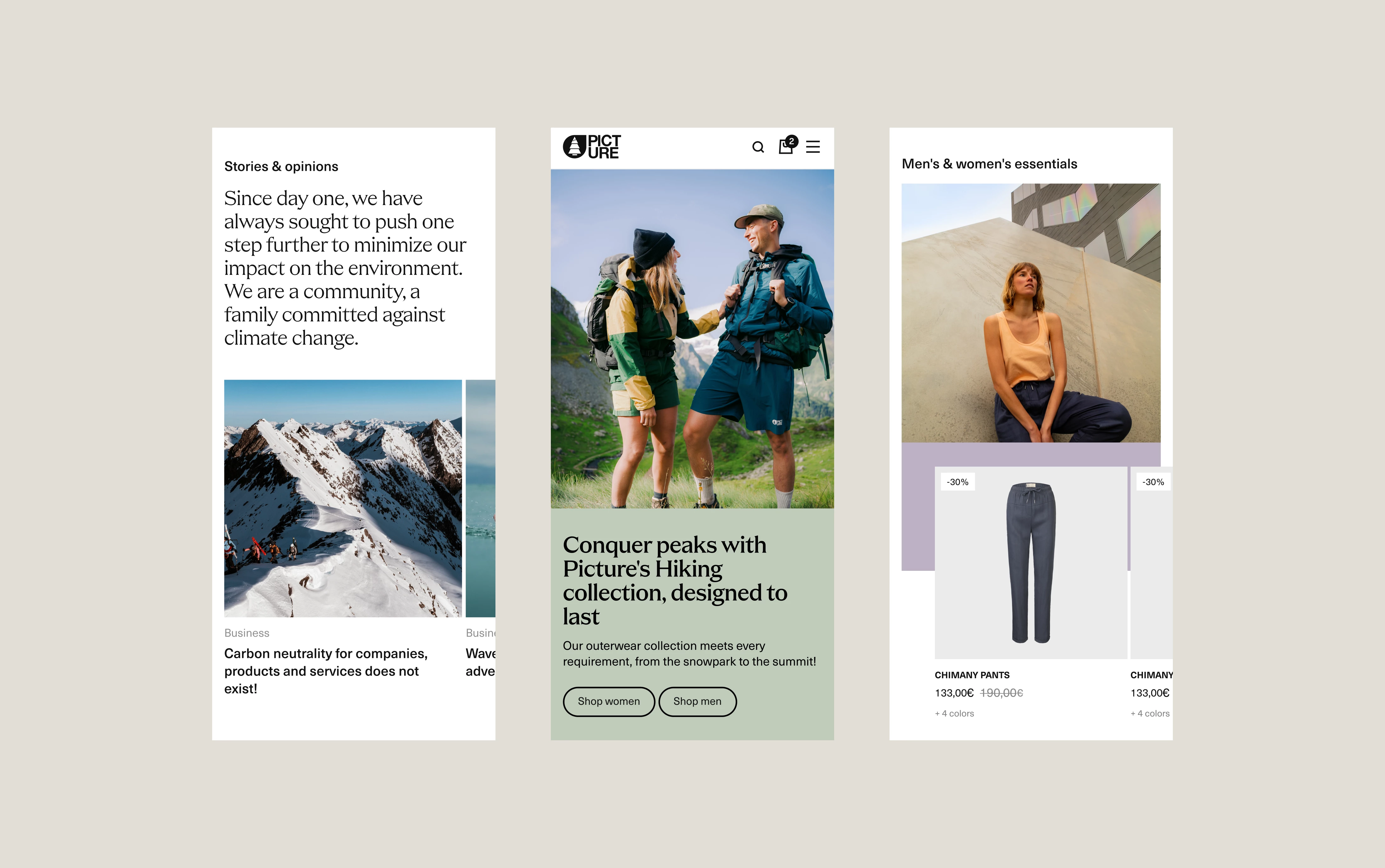 Mobile pages of Picture Organic Clothing website