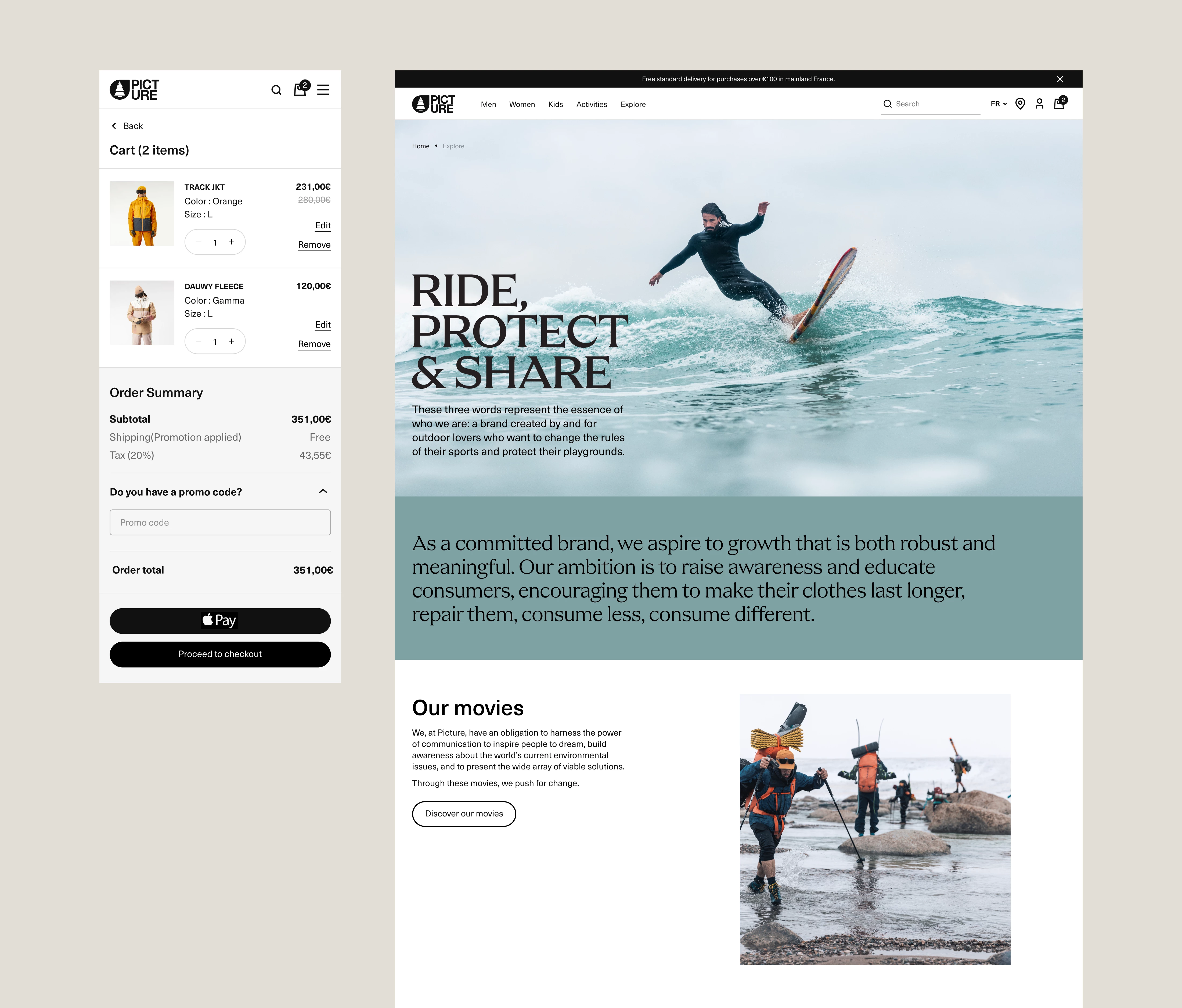Editorial page and cart of Picture Organic Clothing website
