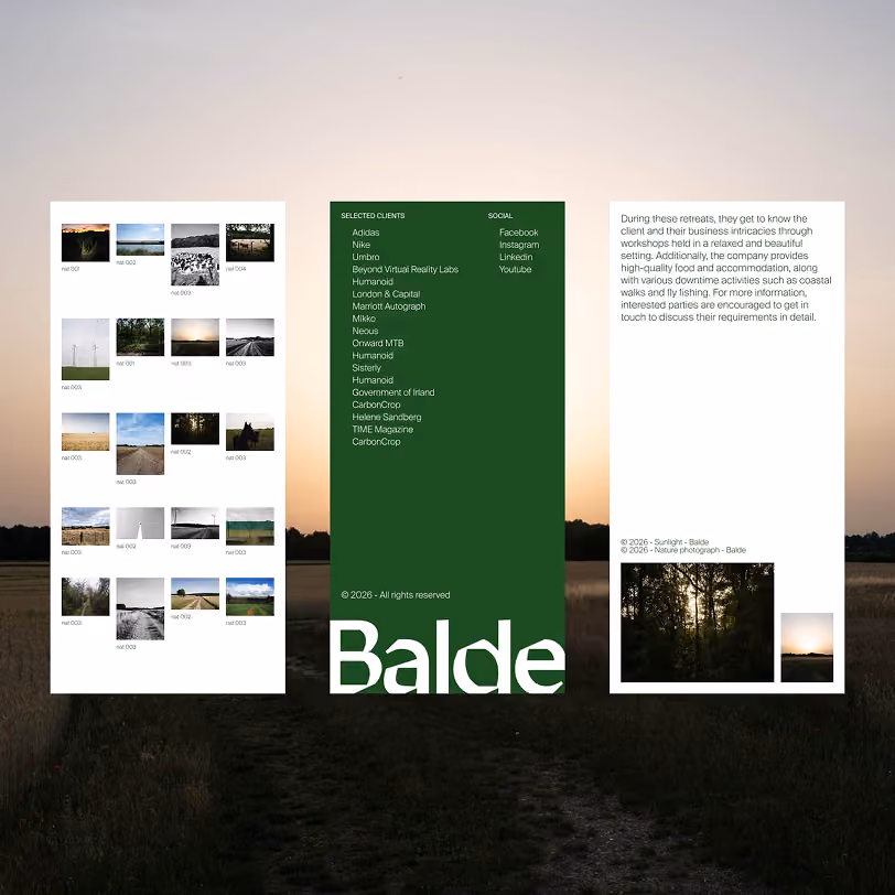 Sunset behind a field with three panels of text and images about clients, social media, and retreats.