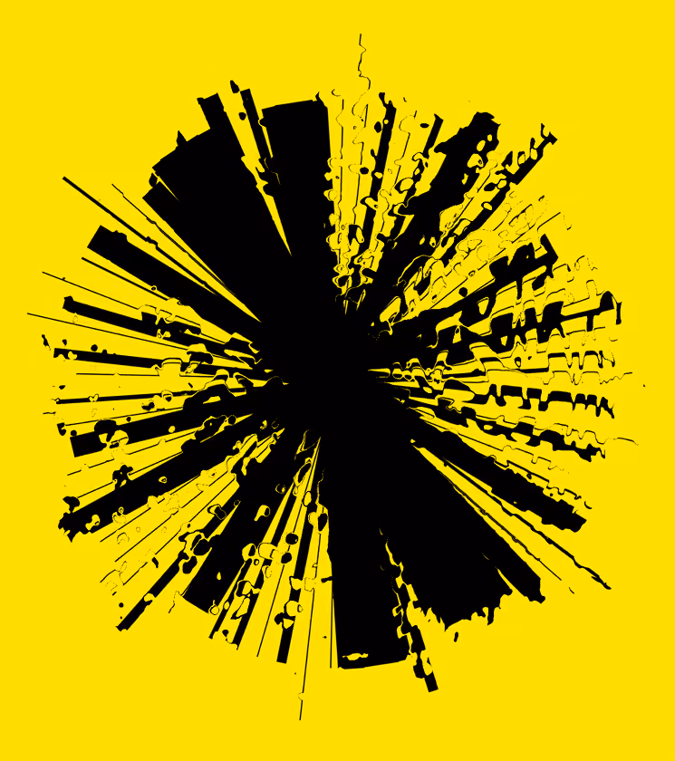 Abstract black radial shapes spreading outward on a bright yellow background.