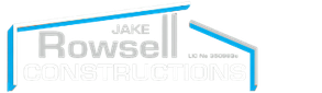 Logo for Jake Rowsell Constructions with stylized roof lines in blue and black text.