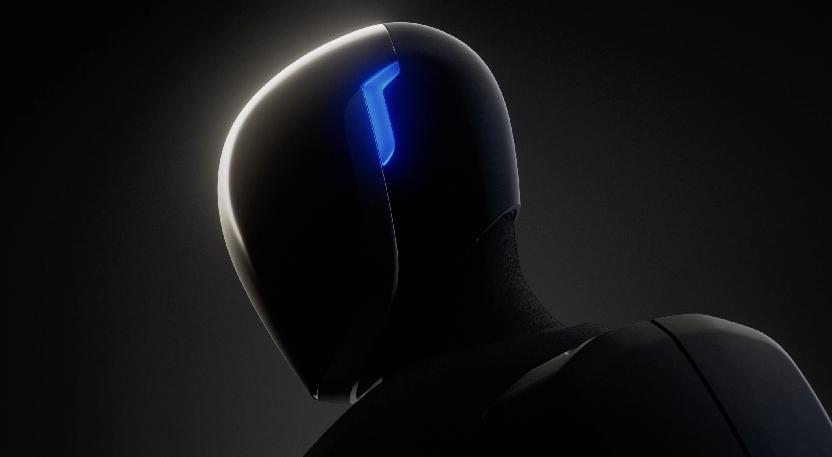 Nahaufnahme des Kopfes eines humanoiden Roboters von NEURA Robotics mit blau leuchtendem Element