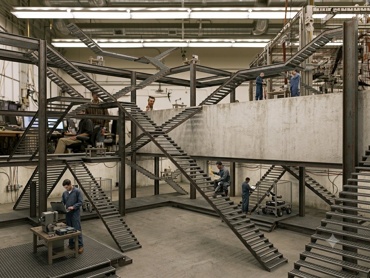 Werkhalle mit einem verschachtelten Gewirr aus Stahltreppen und Plattformen, dazwischen Techniker und ein fahrbarer Roboter