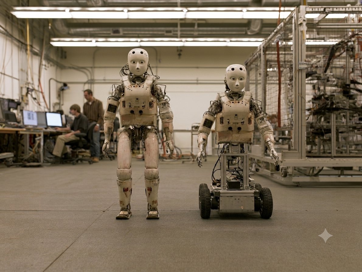Zwei Humanoide in einer Robotik-Werkhalle, links auf zwei Beinen, rechts derselbe Oberkörper auf einer fahrbaren Basis