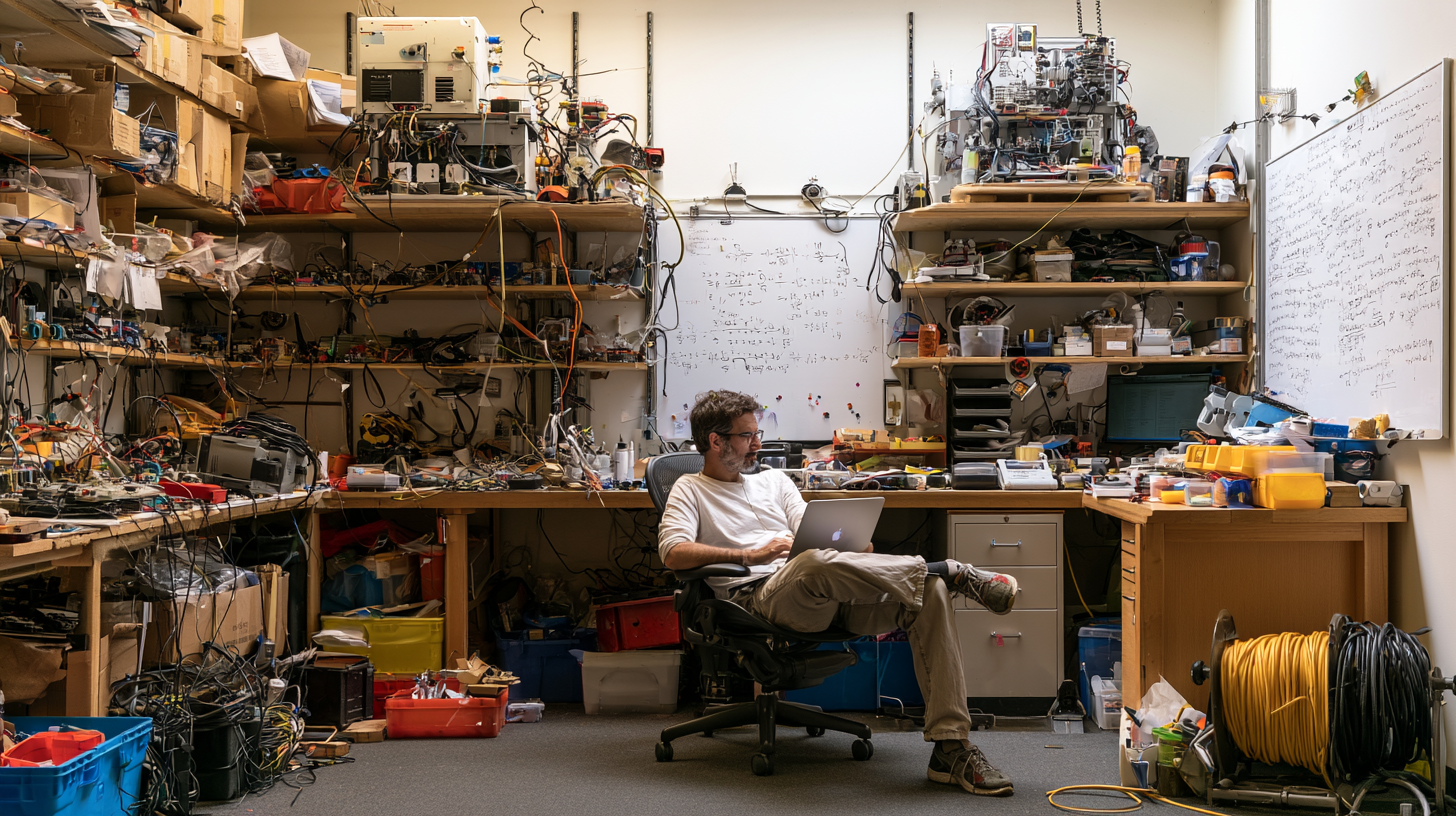 Entwicklungslabor voller angesammelter Prototypen, Werkzeuge und Bauteile