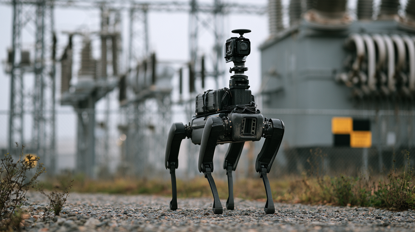 A quadruped inspection robot with a camera mast at an electrical substation