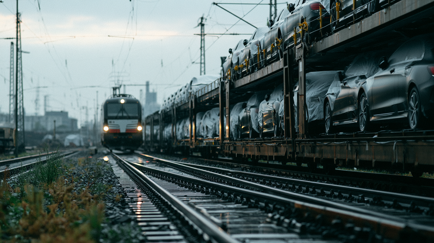 A freight train loaded with new cars leaving a German rail yard