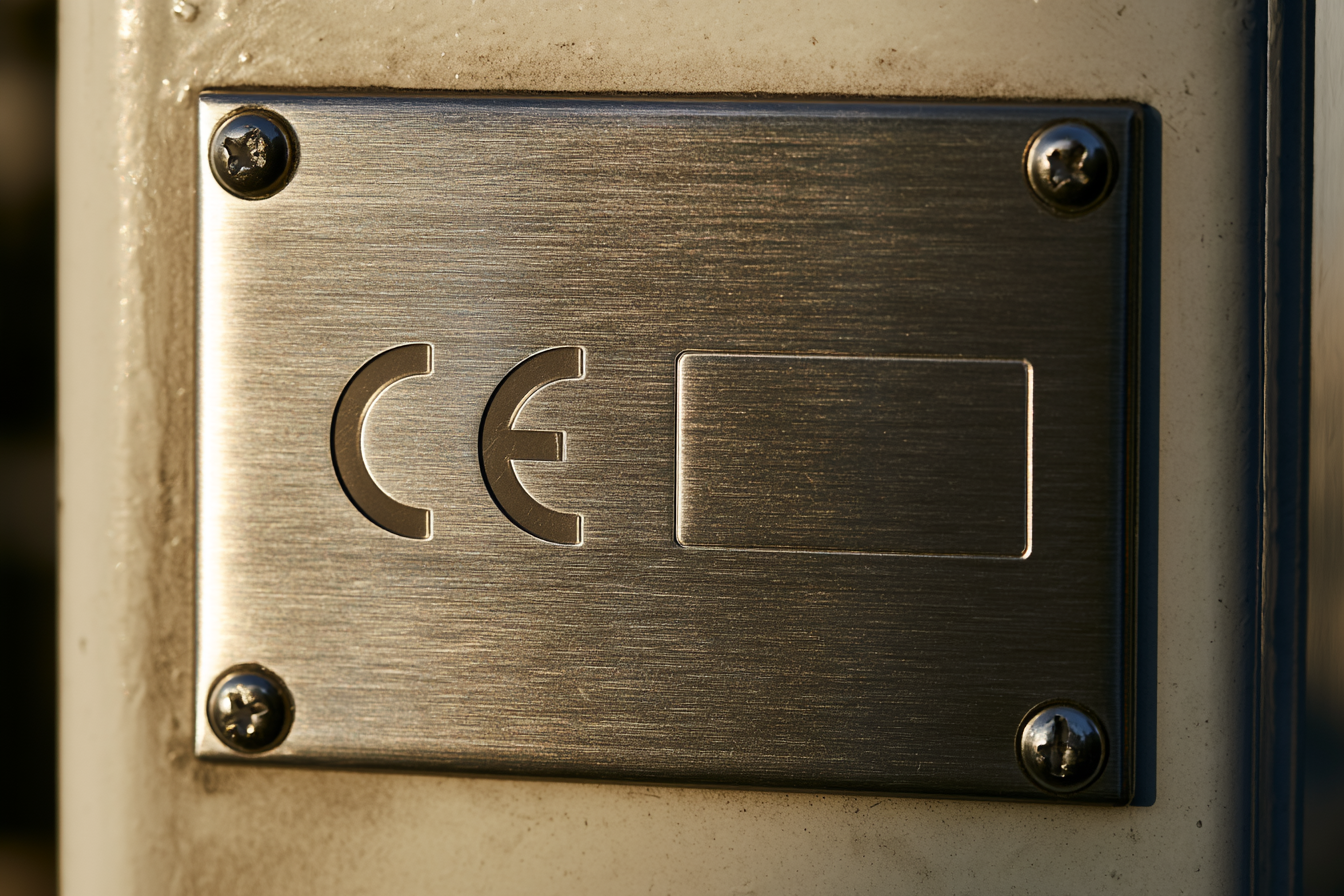 Close-up of a CE marking plate on a machine housing