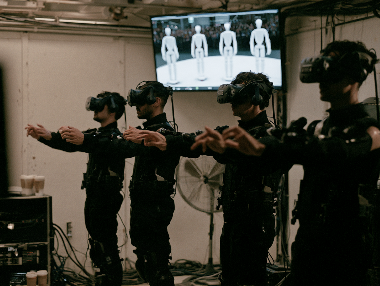 Vier Teleoperatoren mit VR-Brillen steuern humanoide Roboter fern