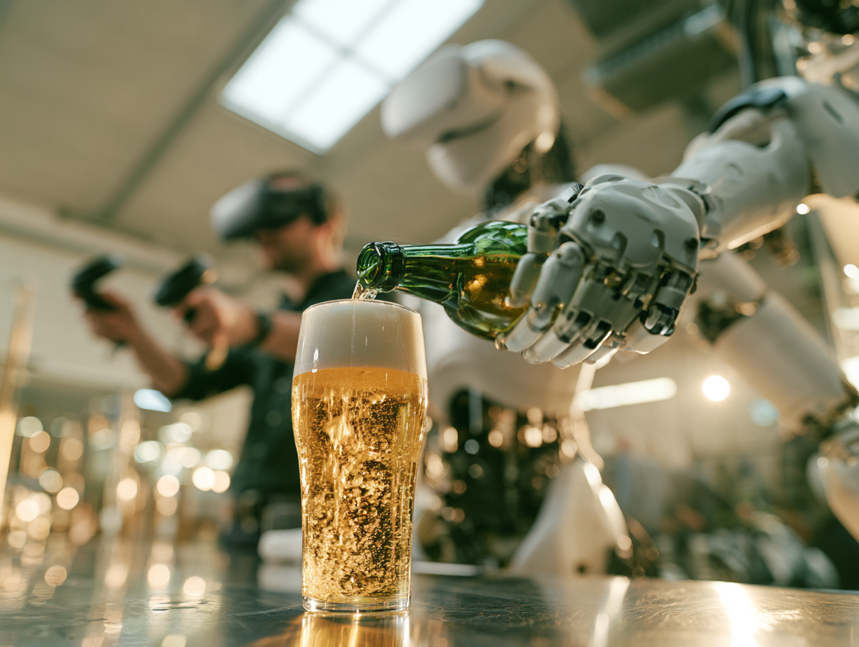 Roboterhand schenkt Bier ein, im Hintergrund steuert ein Mensch mit VR-Brille