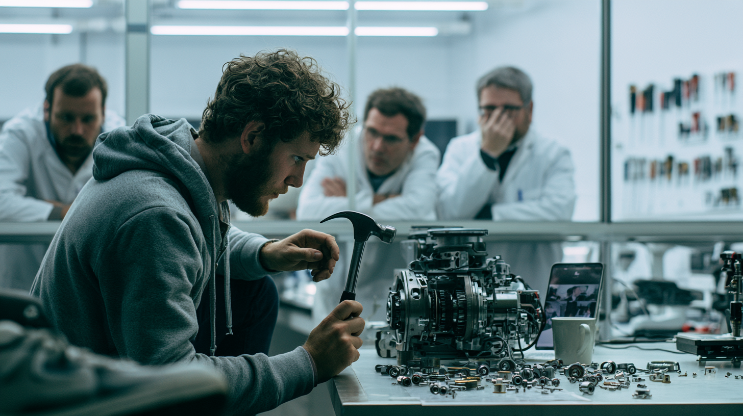 Praktikant mit Hammer vor einem Roboterantrieb, Ingenieure schauen entsetzt zu