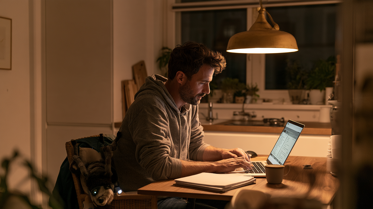 Gründer sitzt nachts am Küchentisch vor dem Laptop