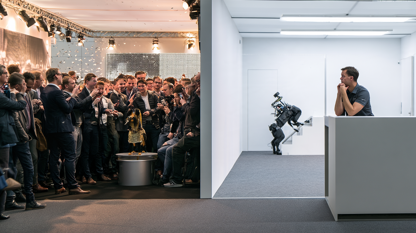 Zwei Messestände nebeneinander, links eine Menschenmenge, rechts ein leerer Stand mit Roboter