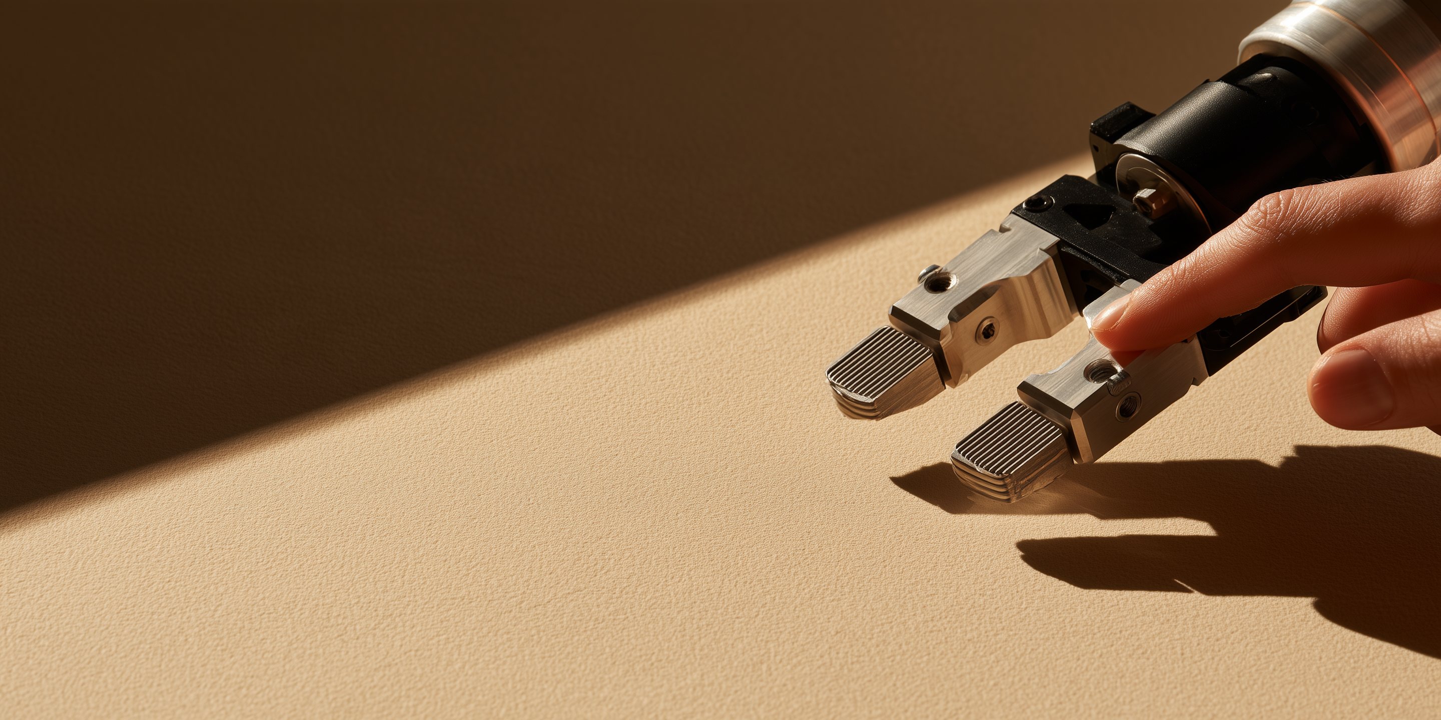Eine Fingerkuppe berührt den Greifer eines Roboterarms auf sandfarbenem Grund